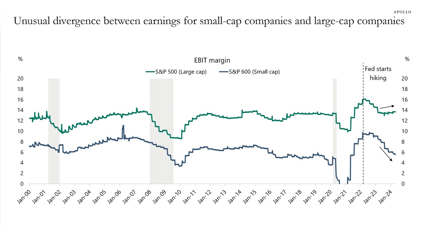 Unusual divergence between earnings for small-cap companies and large-cap companies